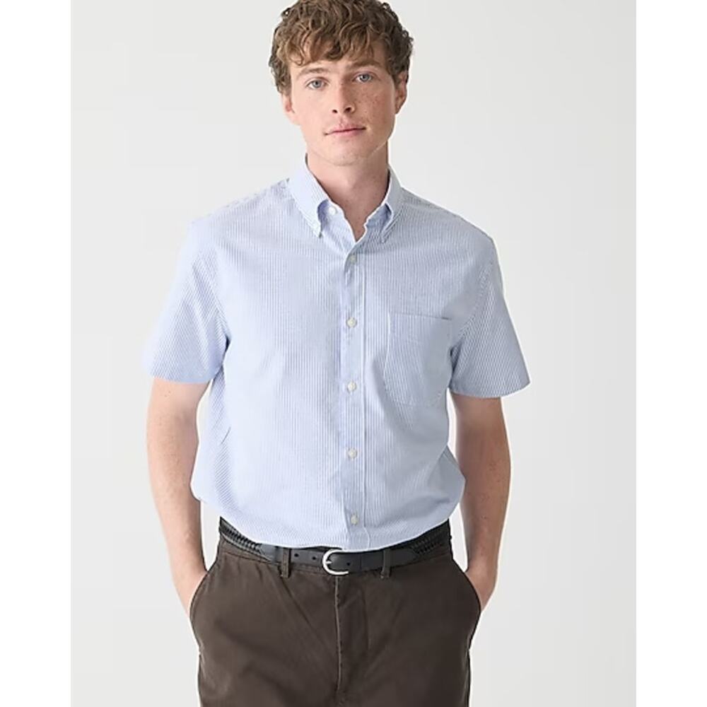 J.Crew Men's Short Sleeve Broken In Organic Cotton Oxford Shirt Blue Striped NWT